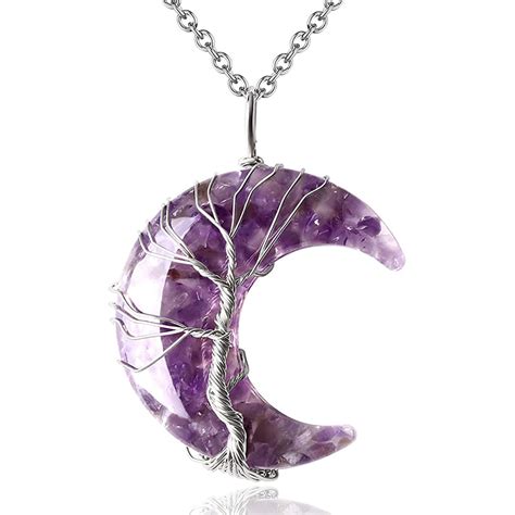 Collier Pendentif Croissant De Lune Arbre De Vie Am Thyste O Karma