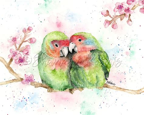 Lovebirds Blossoms Lovebirds Watercolor Art Print Lovebirds