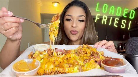 Loaded Fries Mukbang Cheesy Fries With Bacon And Chicken Eating Show