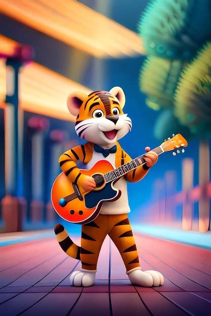 Un Tigre De Dibujos Animados Tocando Una Guitarra Y Usando Una Pajarita