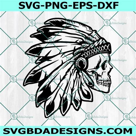 Indian Skull SVG Village Chief Head Dress Feathers Tribe Tattoo Svg