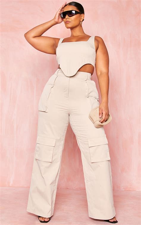 Plus Stone Twill Pocket High Waist Cargo Trousers Plus Size