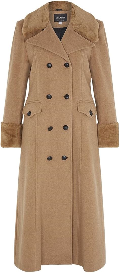 De La Creme Camel Women`s Winter Wool Cashmere Military Coat Faux Fur Collar Size 12 Amazon