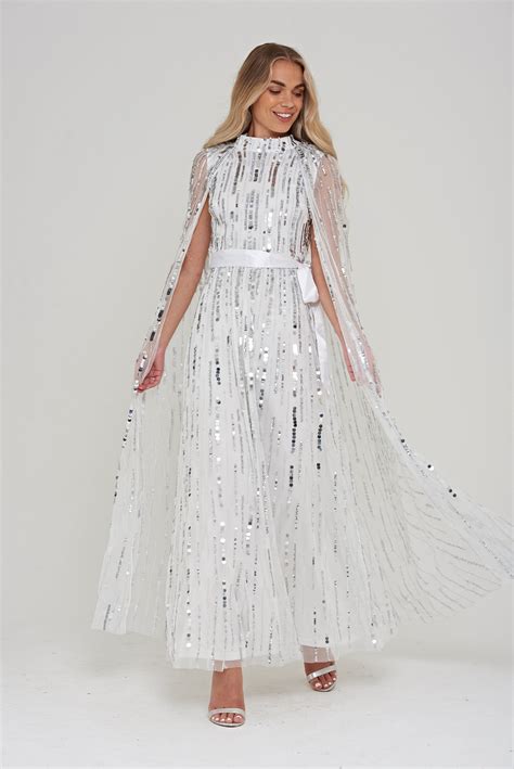 Calytrix White Embellished Maxi Dress With Cape Sleeves Frock And Frill