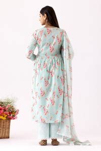 Buy Blue Cotton Cambric Print Flower V Floral Bloom Gathered Anarkali