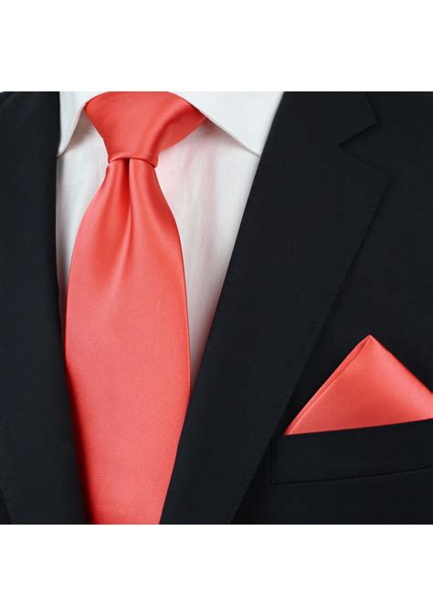 Neon Coral Necktie Set Mens Tie And Pocket Square In Neon Coral