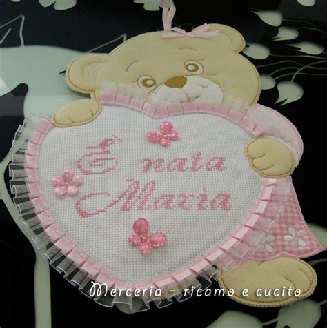 Fiocco Nascita Orsetto Con Cuore Rosa E Nata Maria Gift Ricamo E