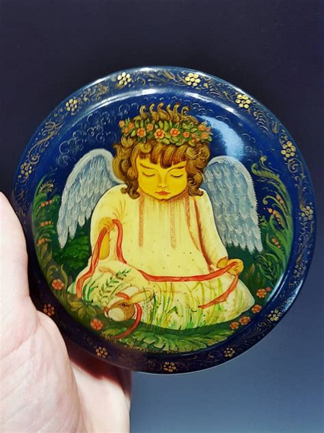 Russian Lacquer Box Hand Painted Trinket Box W Angel Gem