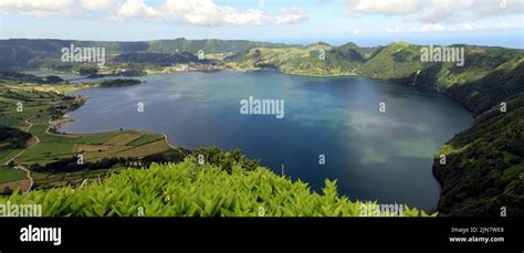 Blue Lake Lagoa Azul View From Miradouro Das Cumeeiras In Southern