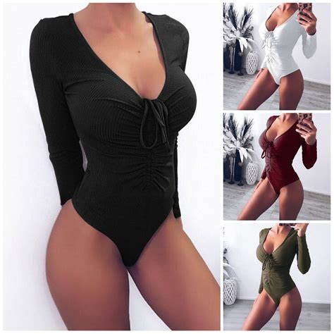 Mulheres Sexy Manga Comprida Bodycon Bodysuit V Profundo Neck Lace Up