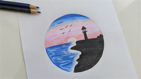 Como Desenhar Paisagem De Praia E Farol No C Rculo Desenho Para