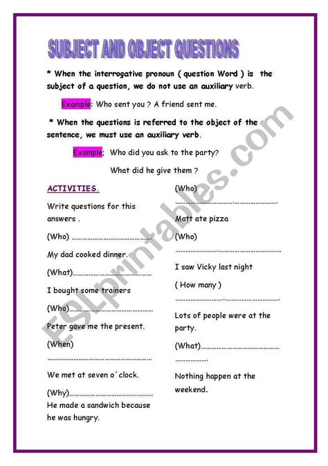 Subject And Object Questions Esl Worksheet By Robertohm Grammar