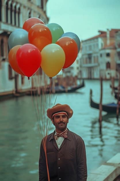 Ein mann genießt den karneval in venedig mit ballons Kostenlose Foto