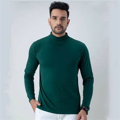 Buy Online Plain Dark Green High Neck Full Sleeves T Shirt In India At