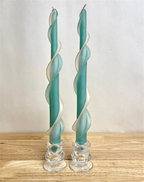 Handmade Aqua And Ivory Double Flare Taper Beeswax Set Of Two