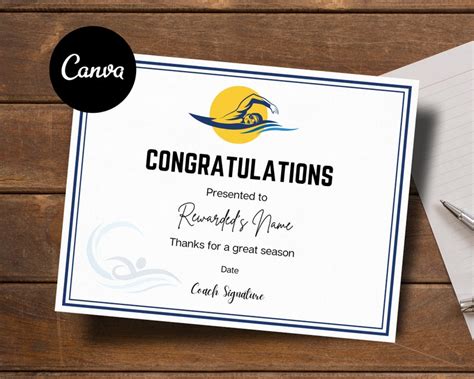 Editable Swimming Award Certificates Canva Template Etsy