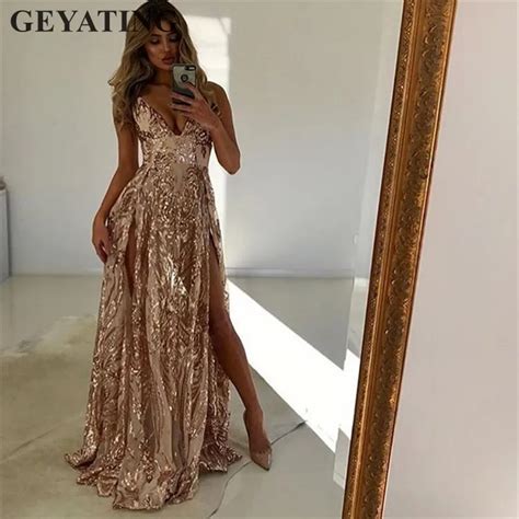 Adln Sexy Side Slit Rose Gold Sequin Party Dress Long Prom Gown Scoop Green Black Red Silver