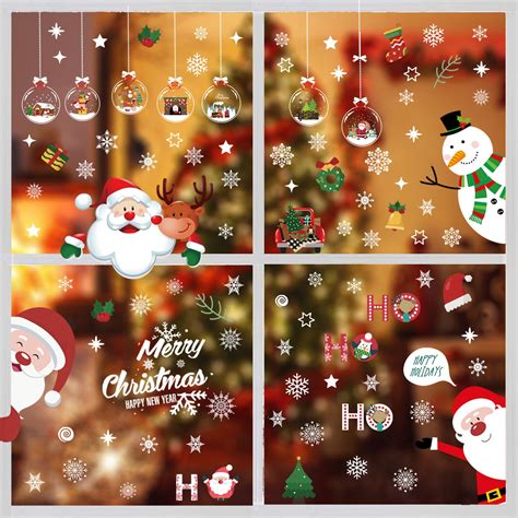 Warkul 2024 Christmas Window Stickers Santa Claus Elk Snowman Home