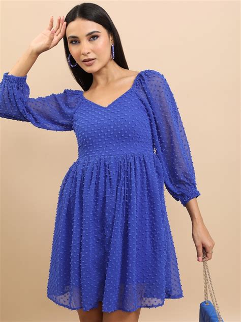 Buy Tokyo Talkies Blue Self Design Fit And Flare Dress For Women Online