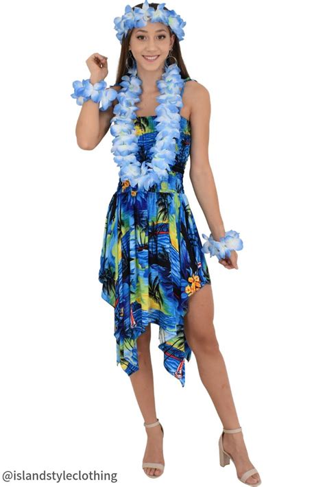 Ladies Blue Sunset Dress With Lei Set 🌴 Luau Outfits Luau Dress