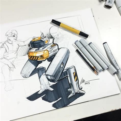 A Pencil Drawing Of A Robot Next To Some Markers