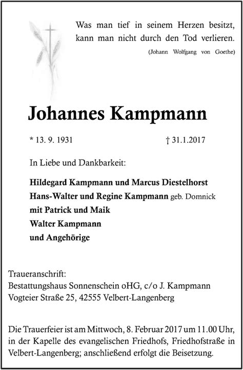 Traueranzeigen Von Johannes Kampmann Trauer In Nrw De