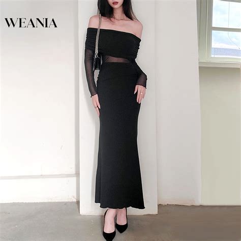 Weania Women Elegant Party Style Pleated Off Shoulder Mesh Patchwork