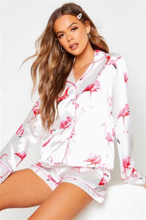 Flamingo Print Satin Pj Short Set Boohoo