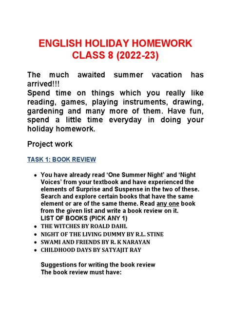 English Holiday Homework Class 8 2022 23 Pdf