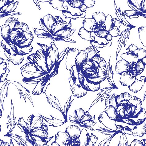 Botanical Vector Seamless Pattern In Toile De Jouy Style With Hand