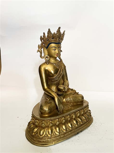 Buddhist Statue Of Shakyamuni Buddha Wearing Crown Full Gold Plated