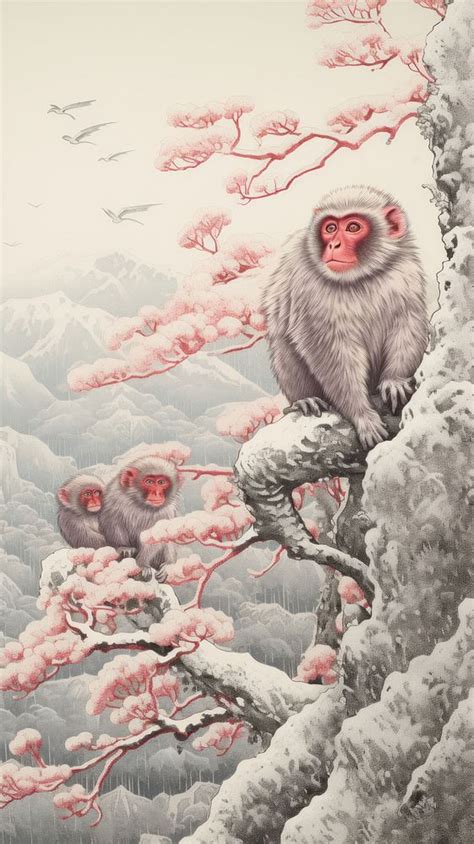 Japanese monkeys winter drawing nature | Free Photo Illustration - rawpixel