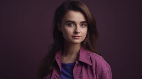 Premium Photo A Woman In A Purple Shirt Stands In Front Of A Dark