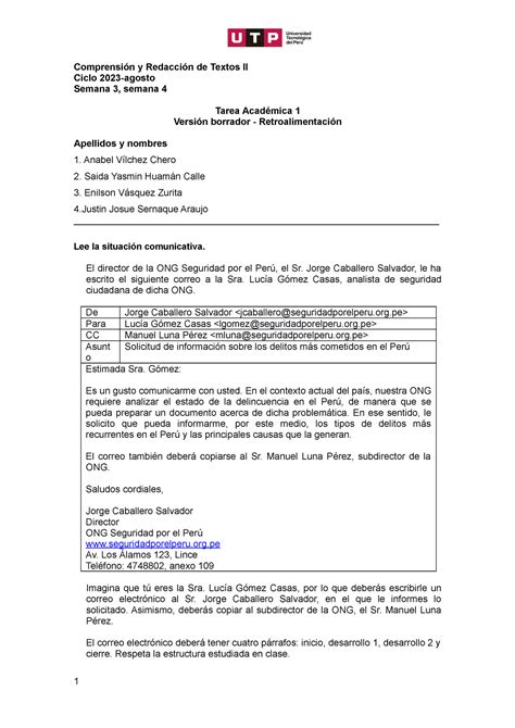 Borrador comp Tarea de correo electrónico Comprensión y redacción