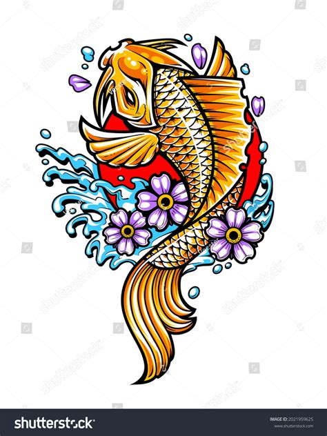 Gold Koi Fish Flowers Water Splashes เวกเตอรสตอก ปลอดคาลขสทธ