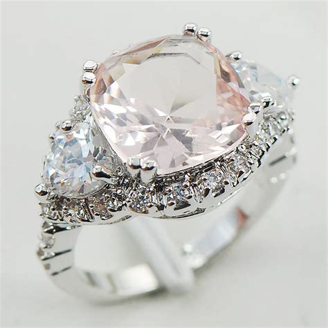 Morganite White Crystal Zircon Women Sterling Silver Ring F Size