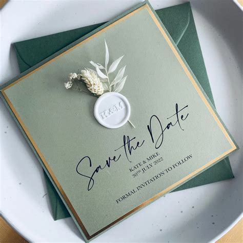 Dried Flower Save The Dates In Sage Green And Gold Etsy Green