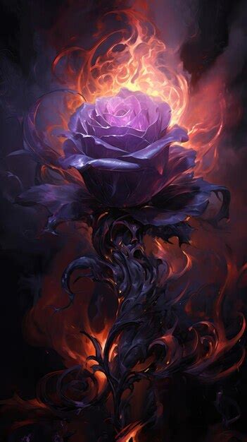 Premium Ai Image Burning Purple Rose In Fire On A Fantasy Background