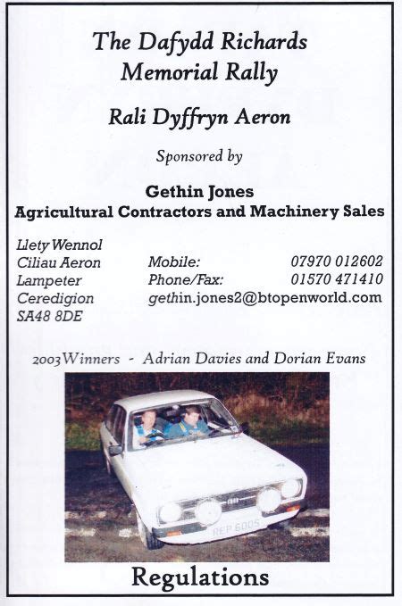 Rallyroots Rally Results Service Rali Dyffryn Aeron 2004