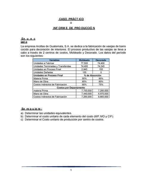 Caso practico informe de producción Subir CASO PRÁCT ICO INF ORM E DE