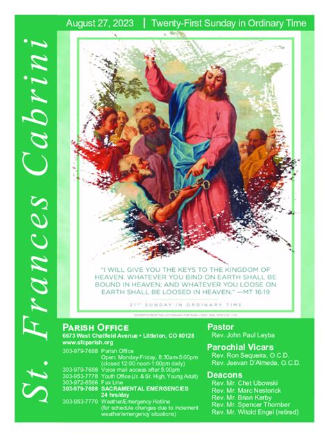 Fillable Online St Frances Xavier Cabrini Catholic Church Fax Email