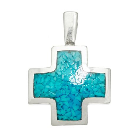 Pendentif Croix En Argent Et Chip Inlay En Turquoise Harpo Paris