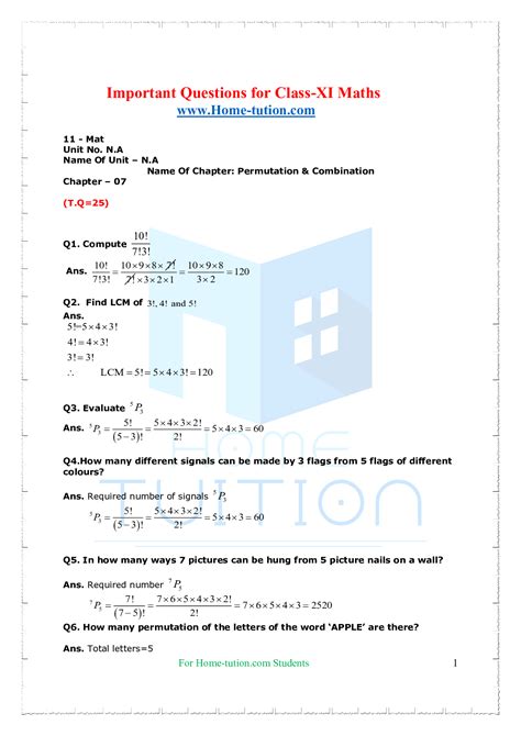 Important Questions For Class 11 Maths Chapter 7 Permutations And