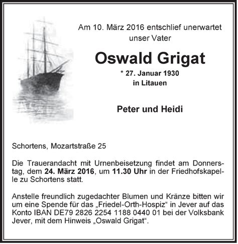 Traueranzeigen Von Oswald Grigat Nordwest Trauer De