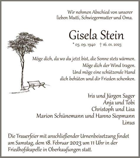 Traueranzeigen Von Gisela Stein Trauer Hna De