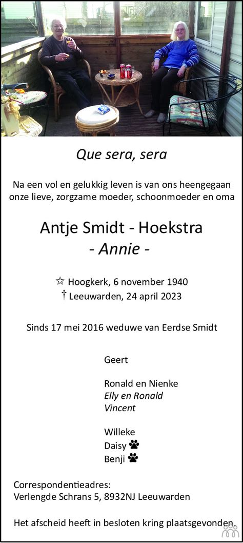 Antje Annie Smidt Hoekstra 24 04 2023 Overlijdensbericht En