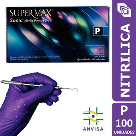 Luva Nitrilica Descartavel Supermax Sonic Azul P Sem Po Cx 100 Un