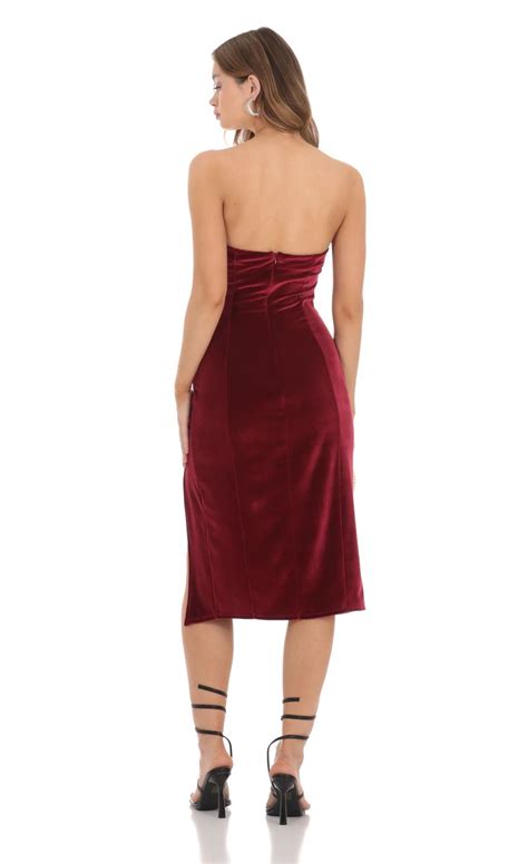 Ruffle Velvet Strapless Midi Dress In Maroon Lucy In The Sky