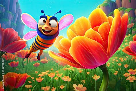 Cartoon Bee Buzzing in a Vibrant Flower Garden: Nectar Collection with ...