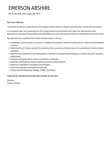 Integrity Engineer Cover Letter Velvet Jobs